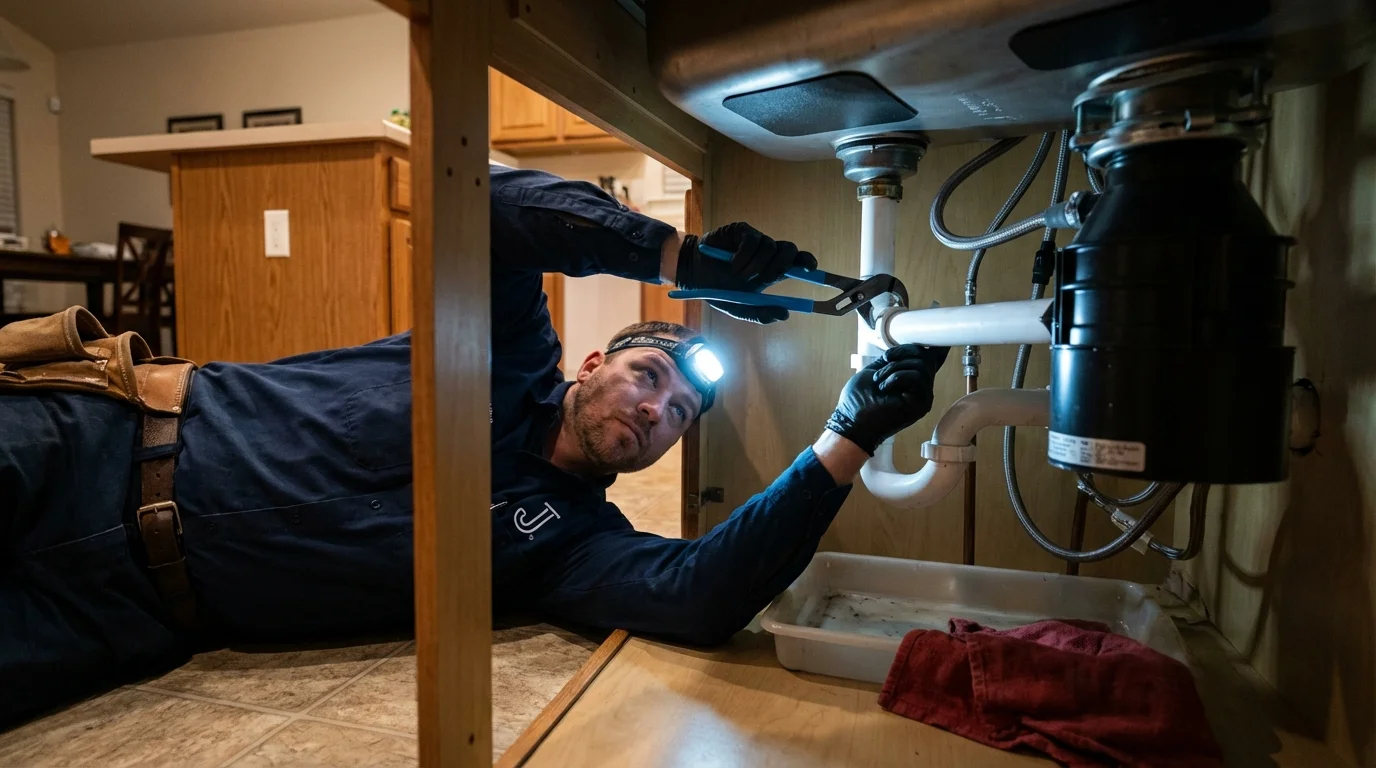 P-trap and supply line connections under a kitchen sink showing a common leak point in Somerset, PA